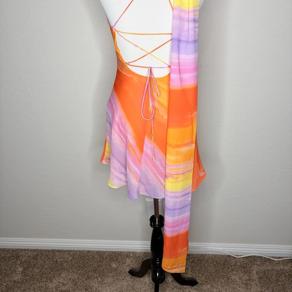 For Love & Lemons Sunny Mini Dress XS Sunset Tie Dye Orange Pink Resort Party - Picture 8 of 13